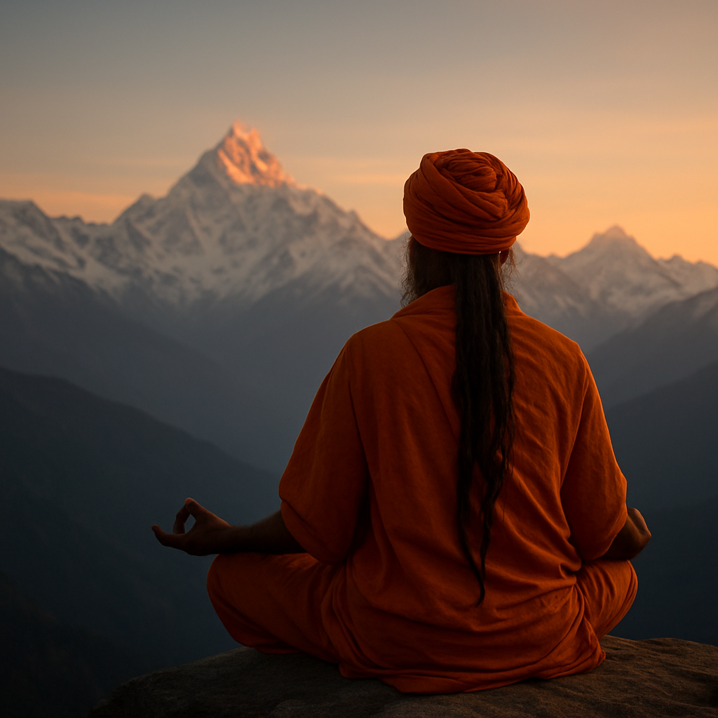 Sadhu meditating before the peaks